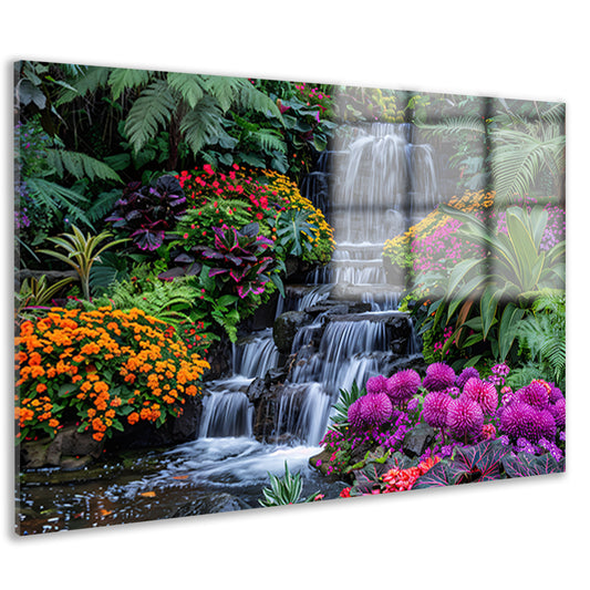 Weelderige waterval omgeven door kleurrijke bloemenpracht acrylglas