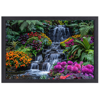 Weelderige waterval omgeven door kleurrijke bloemenpracht canvas met baklijst