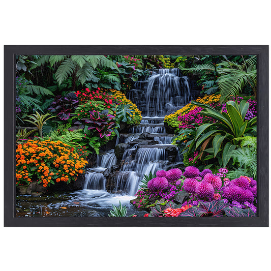 Weelderige waterval omgeven door kleurrijke bloemenpracht canvas met baklijst