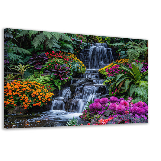 Weelderige waterval omgeven door kleurrijke bloemenpracht canvas