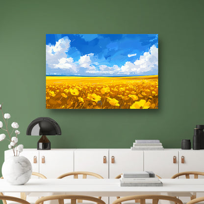 Schilderij van bloemenveld onder blauwe lucht canvas