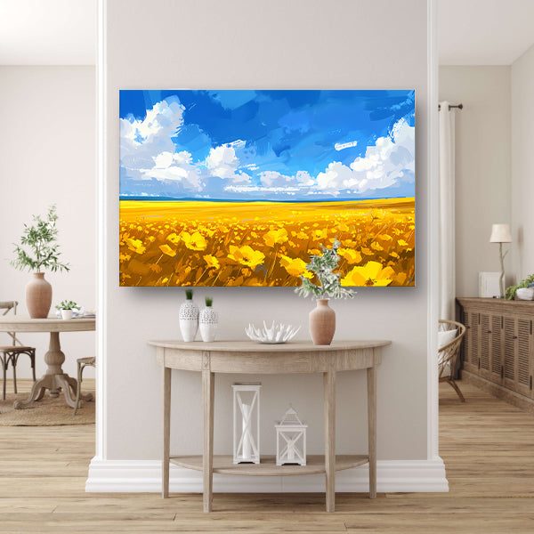 Schilderij van bloemenveld onder blauwe lucht canvas