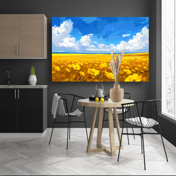 Schilderij van bloemenveld onder blauwe lucht poster