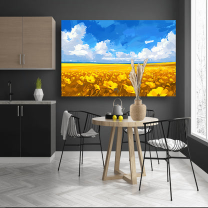 Schilderij van bloemenveld onder blauwe lucht canvas met baklijst
