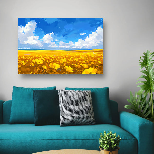 Schilderij van bloemenveld onder blauwe lucht canvas