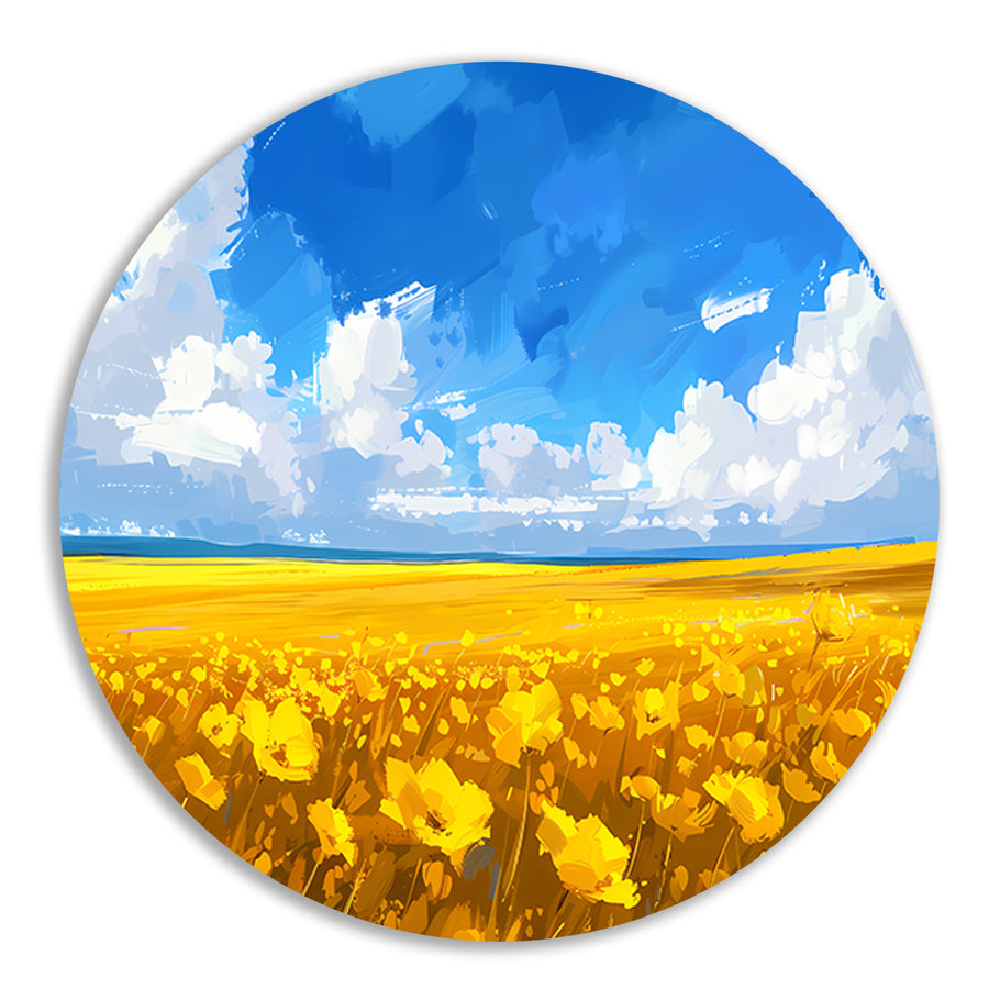 Schilderij van bloemenveld onder blauwe lucht forex muurcirkel