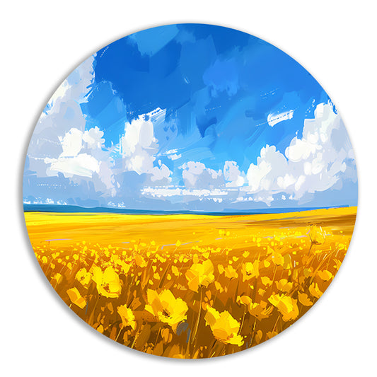 Schilderij van bloemenveld onder blauwe lucht aluminium muurcirkel