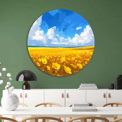 Schilderij van bloemenveld onder blauwe lucht aluminium muurcirkel
