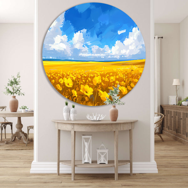 Schilderij van bloemenveld onder blauwe lucht aluminium muurcirkel
