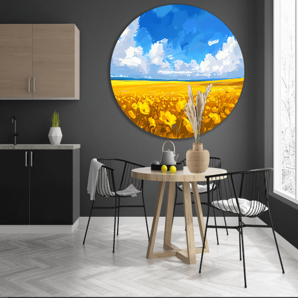 Schilderij van bloemenveld onder blauwe lucht aluminium muurcirkel