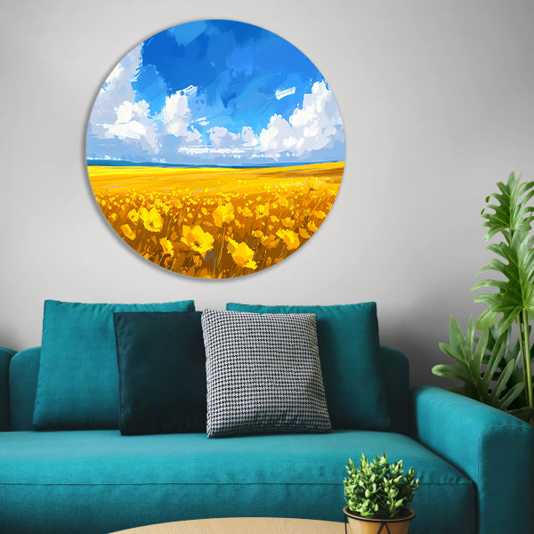 Schilderij van bloemenveld onder blauwe lucht aluminium muurcirkel