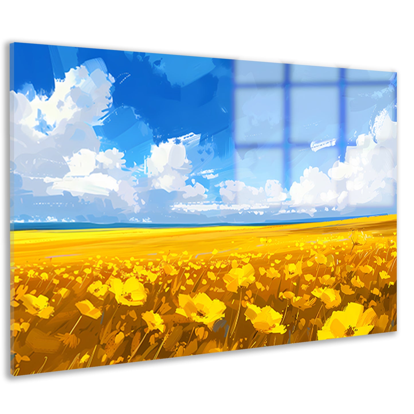 Schilderij van bloemenveld onder blauwe lucht acrylglas