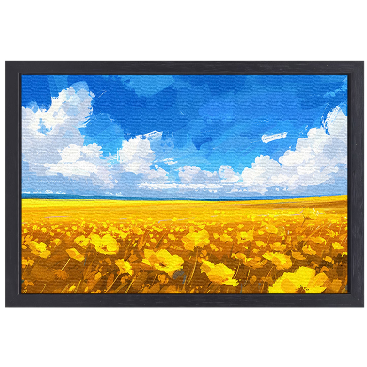 Schilderij van bloemenveld onder blauwe lucht canvas met baklijst