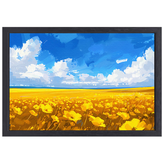 Schilderij van bloemenveld onder blauwe lucht canvas met baklijst