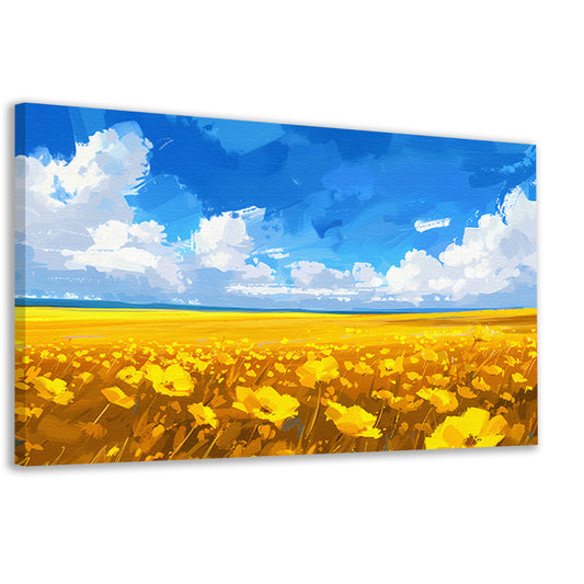 Schilderij van bloemenveld onder blauwe lucht canvas