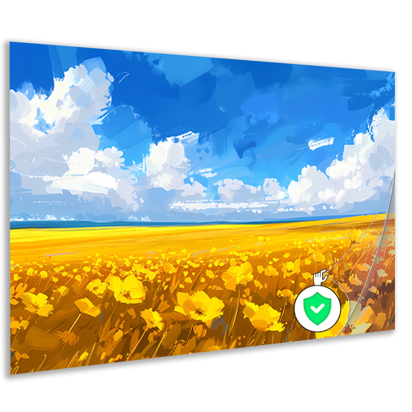 Schilderij van bloemenveld onder blauwe lucht poster