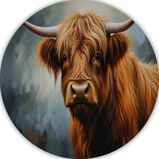 Schotse Hooglander Portret in Olieverf aluminium muurcirkel