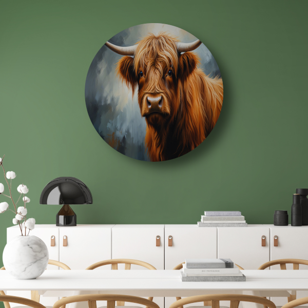 Schotse Hooglander Portret in Olieverf aluminium muurcirkel