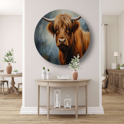 Schotse Hooglander Portret in Olieverf aluminium muurcirkel