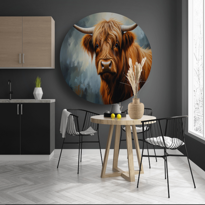 Schotse Hooglander Portret in Olieverf aluminium muurcirkel