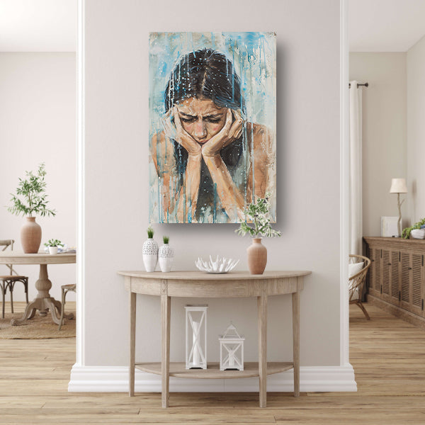 Emotionele vrouw geschilderd in aquarel canvas