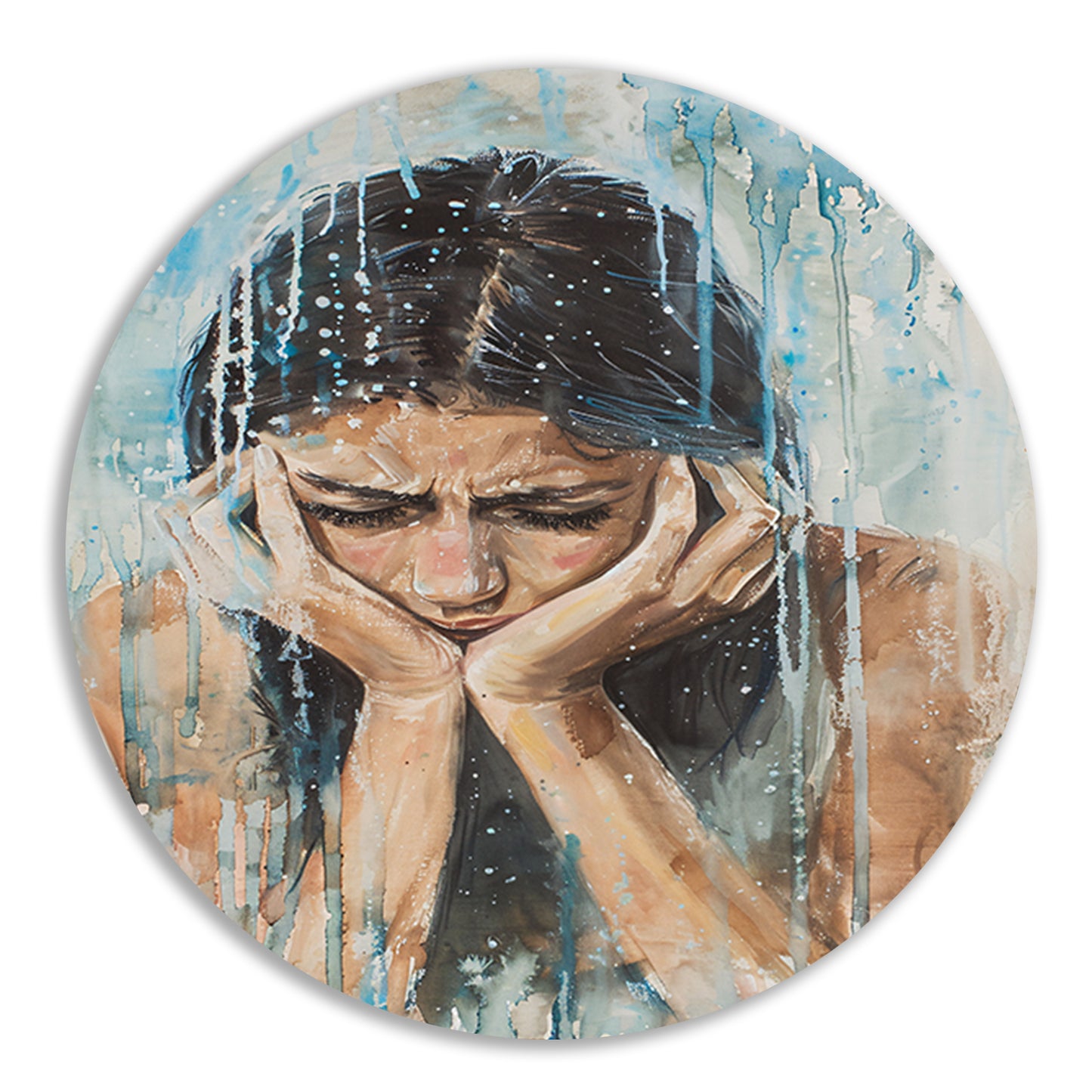 Emotionele vrouw geschilderd in aquarel aluminium muurcirkel