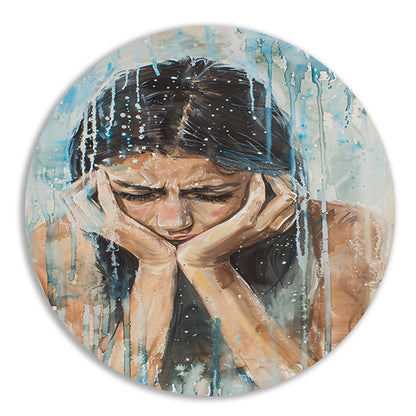 Emotionele vrouw geschilderd in aquarel aluminium muurcirkel