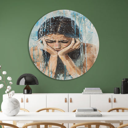 Emotionele vrouw geschilderd in aquarel aluminium muurcirkel