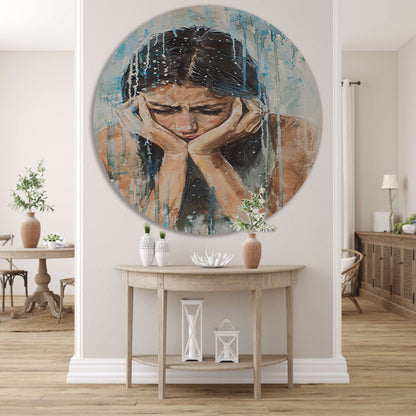 Emotionele vrouw geschilderd in aquarel aluminium muurcirkel