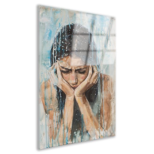 Emotionele vrouw geschilderd in aquarel acrylglas