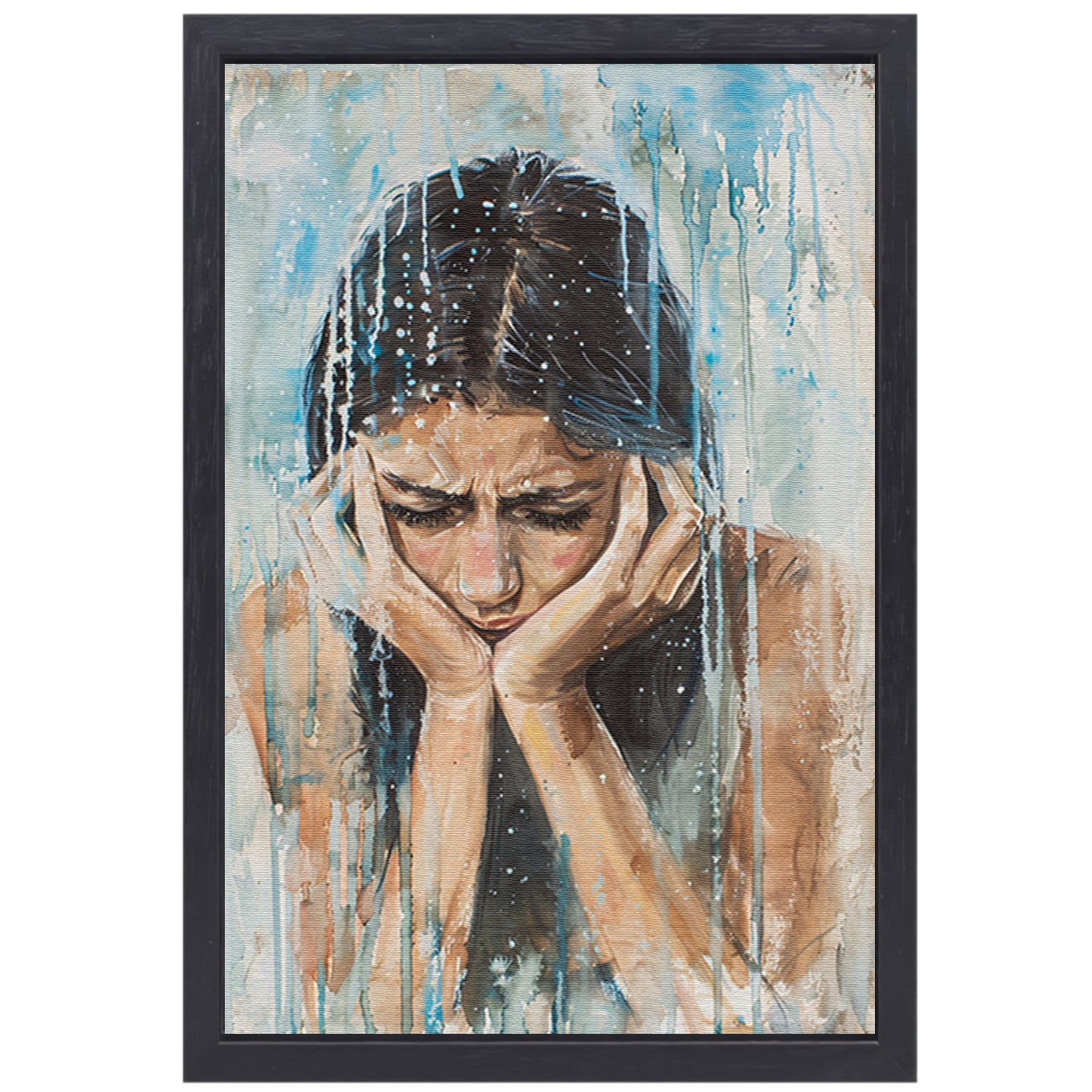 Emotionele vrouw geschilderd in aquarel canvas met baklijst