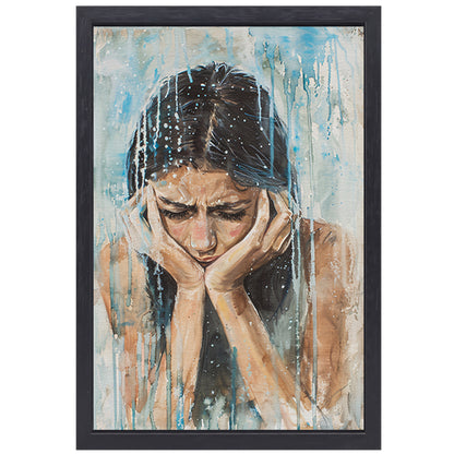 Emotionele vrouw geschilderd in aquarel canvas met baklijst