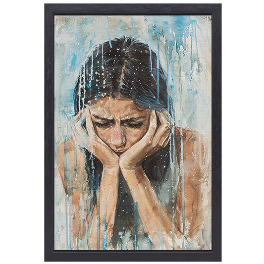 Emotionele vrouw geschilderd in aquarel canvas met baklijst