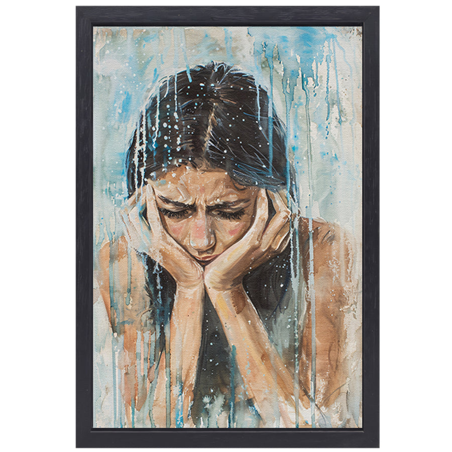 Emotionele vrouw geschilderd in aquarel canvas met baklijst
