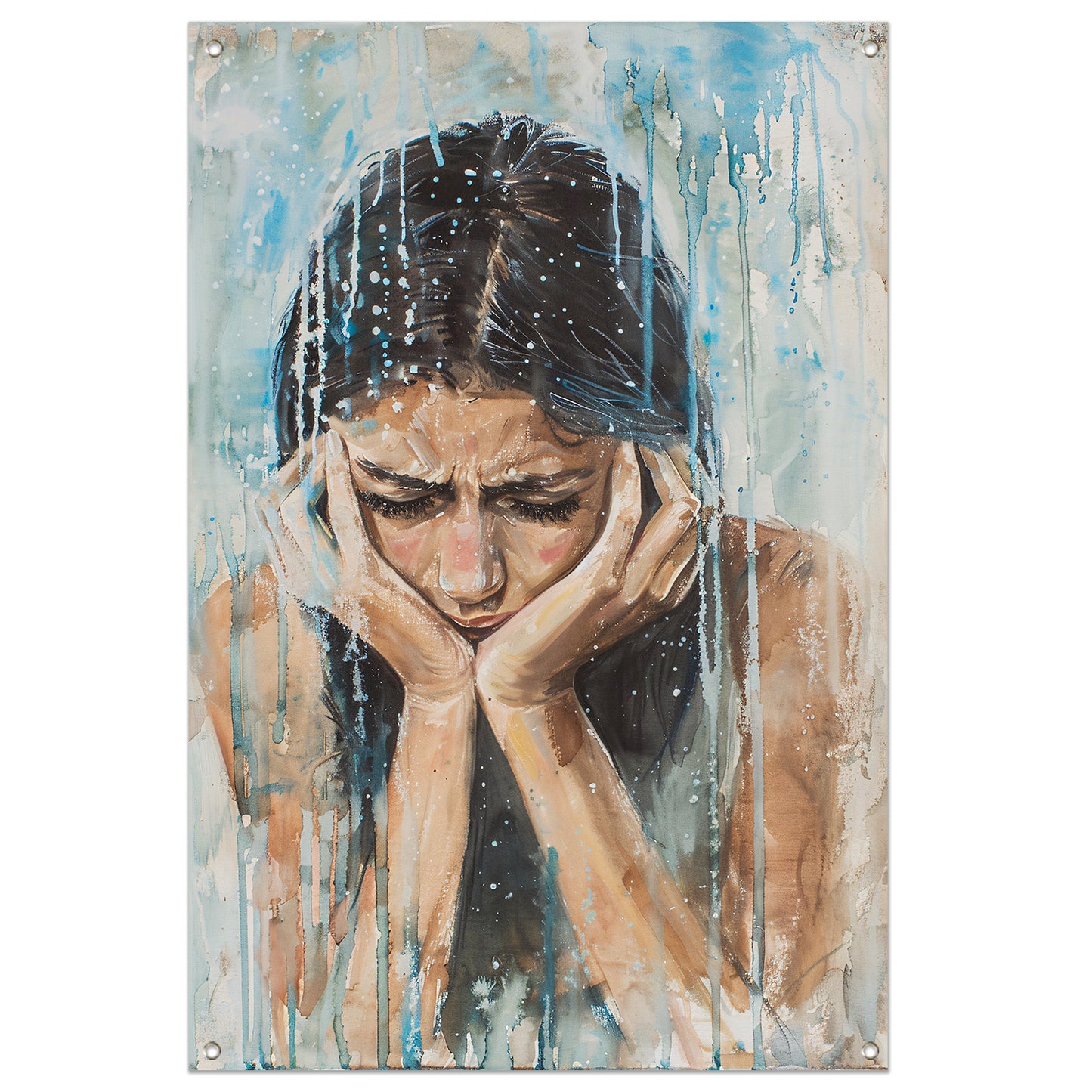 Emotionele vrouw geschilderd in aquarel tuinposter