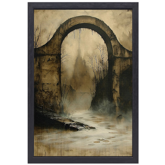 Mystiek verlaten landschap met oude brug canvas met baklijst