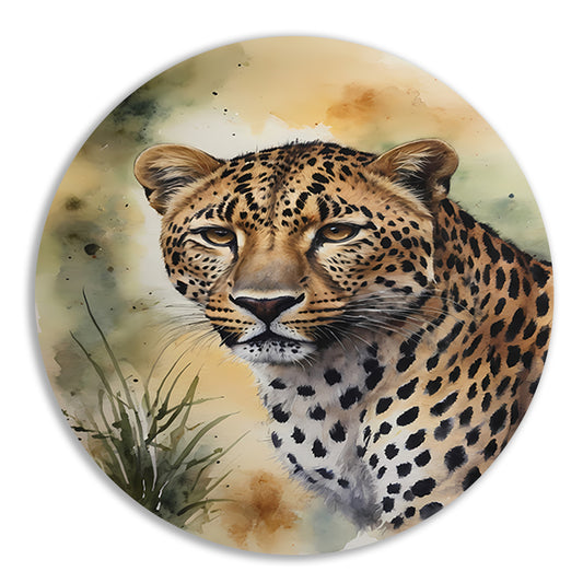 Alert Luipaard in Warme Aquarel Tinten aluminium muurcirkel