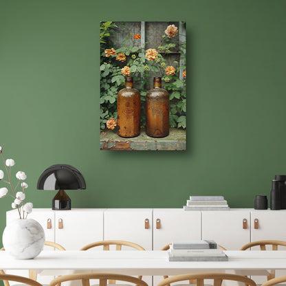 Twee oude flessen met bloemen canvas