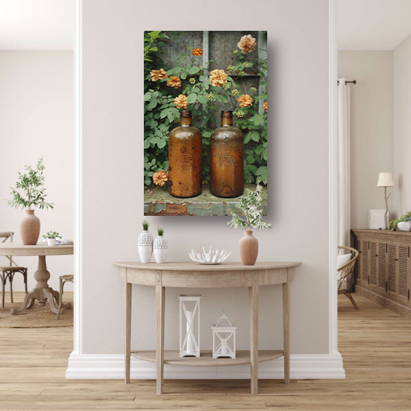 Twee oude flessen met bloemen canvas