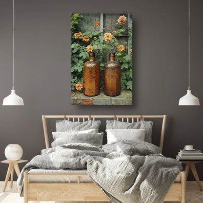 Twee oude flessen met bloemen canvas