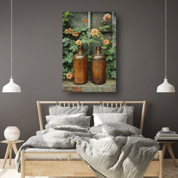 Twee oude flessen met bloemen poster