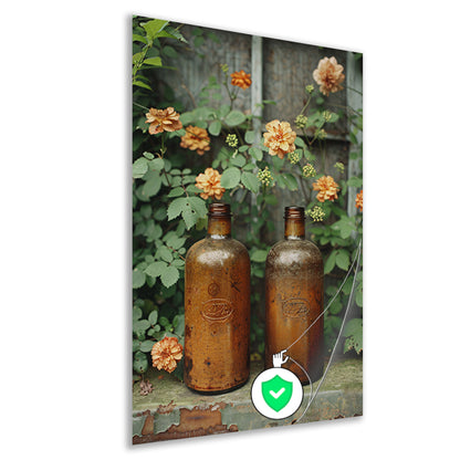 Twee oude flessen met bloemen poster