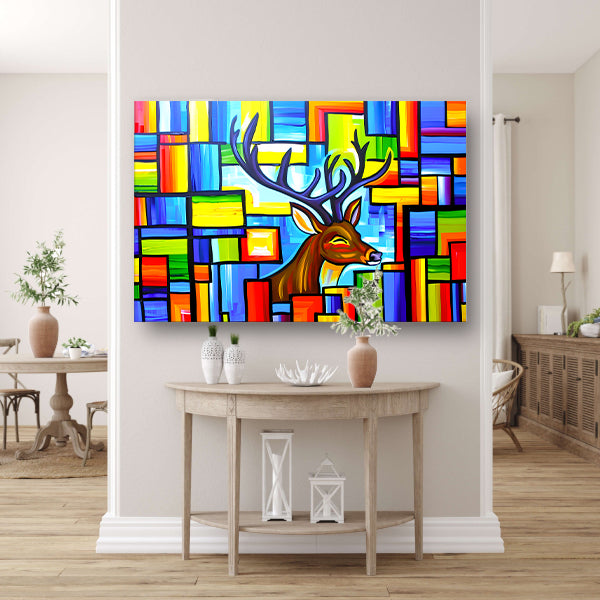 Kleurrijk kubistisch schilderij van een hert acrylglas