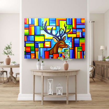 Kleurrijk kubistisch schilderij van een hert canvas met baklijst