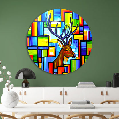 Kleurrijk kubistisch schilderij van een hert aluminium muurcirkel