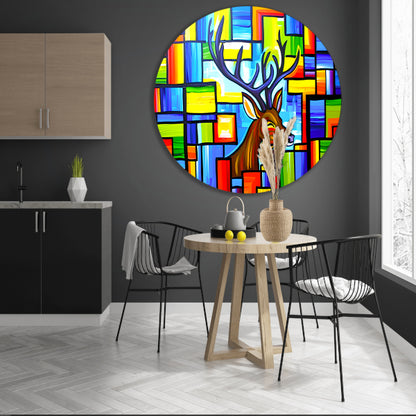 Kleurrijk kubistisch schilderij van een hert aluminium muurcirkel