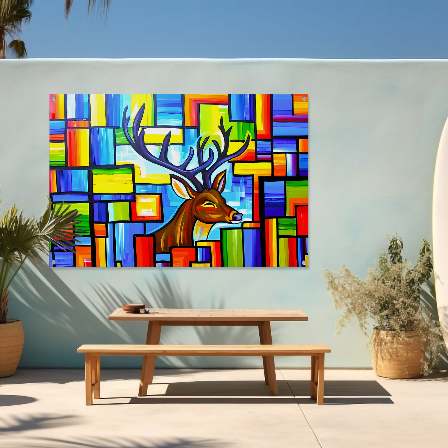 Kleurrijk kubistisch schilderij van een hert tuinposter