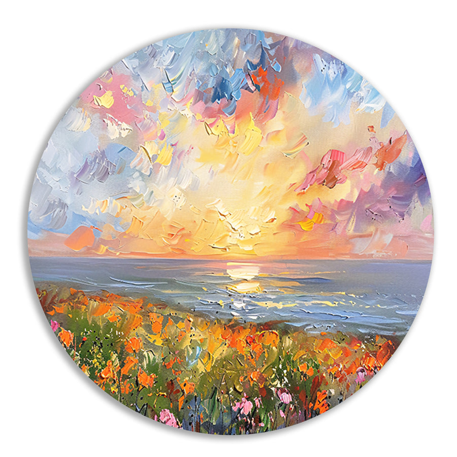 Abstracte zonsondergang met bloemen en oceaan aluminium muurcirkel