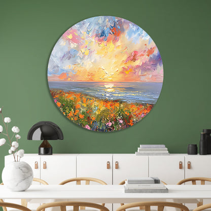 Abstracte zonsondergang met bloemen en oceaan aluminium muurcirkel