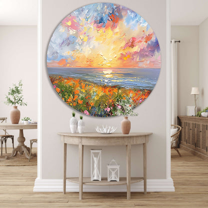 Abstracte zonsondergang met bloemen en oceaan forex muurcirkel
